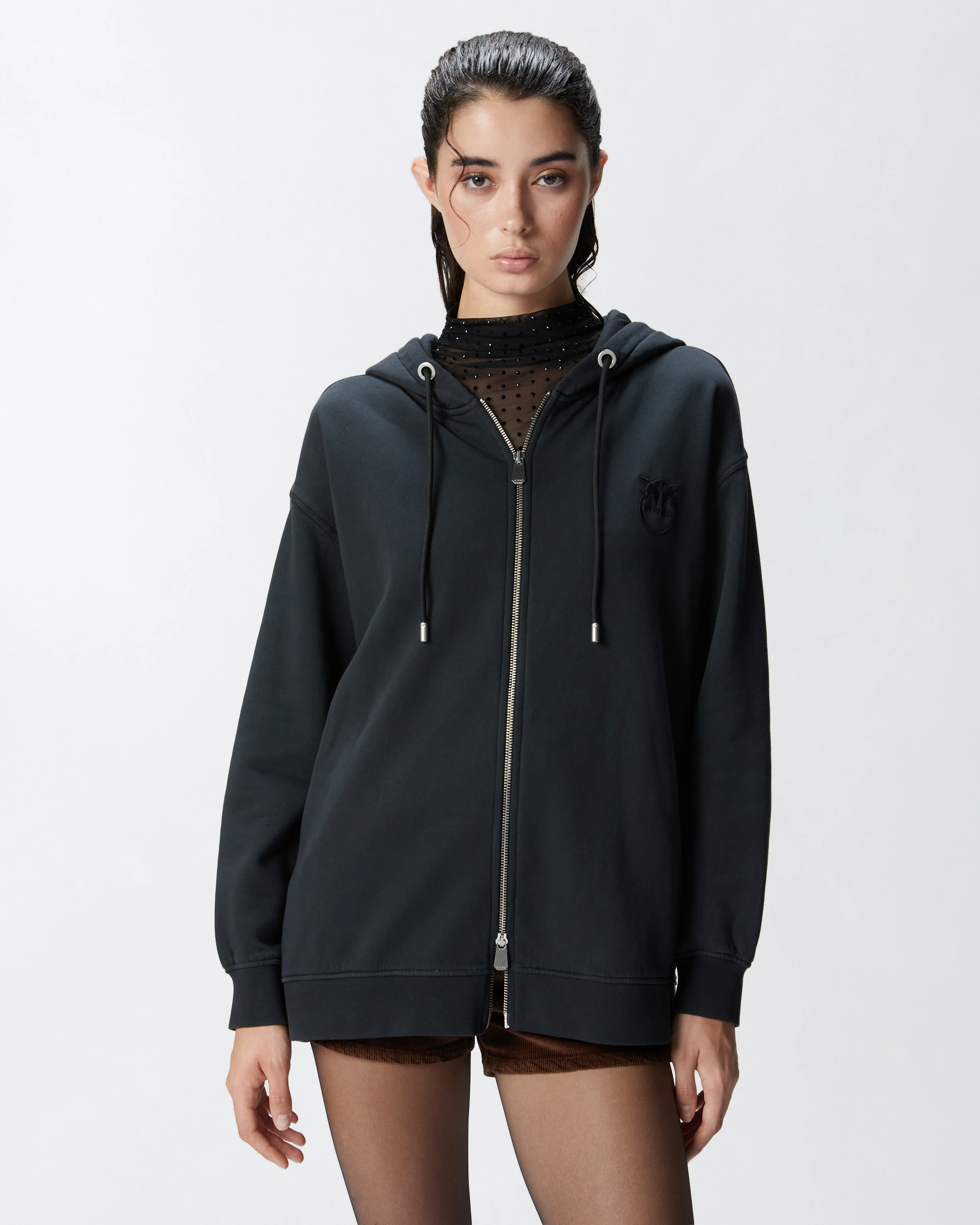 Sweat-shirt zippé à capuche et logo brodé | Noir