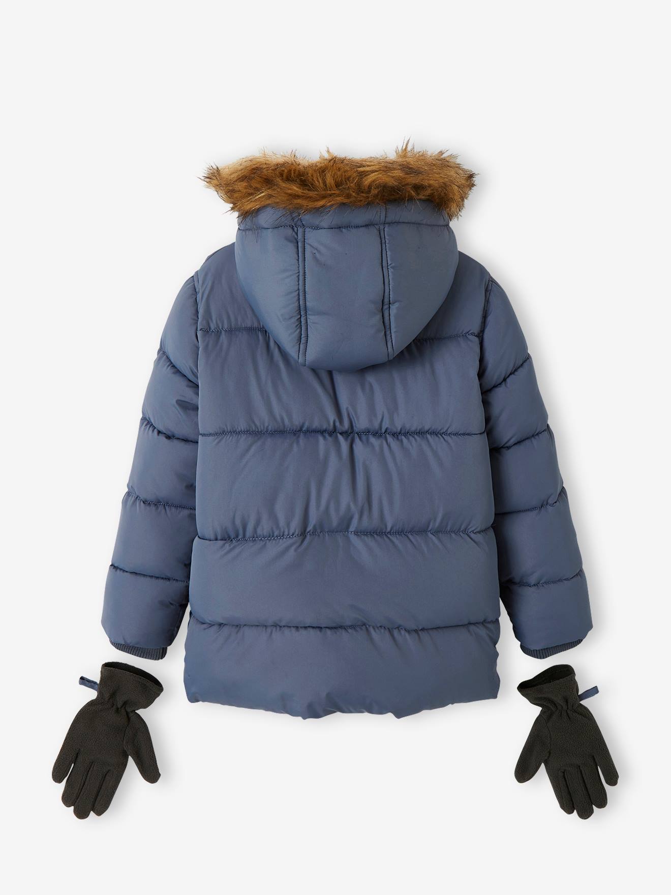Jaqueta acolchoada com forro de lã e luvas ou mitenes, para meninos, azul médio liso com estampas.