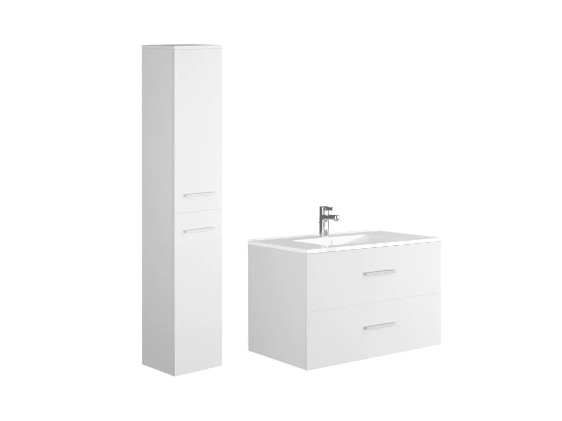 Meuble de salle de bain suspendu simple vasque avec colonne de rangement - Coloris blanc - 80 cm - KAYLA