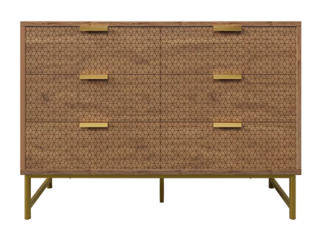 Buffet effet bois noyer 6 tiroirs en relief et poignées pieds dorés 120x40x75cm ZINS
