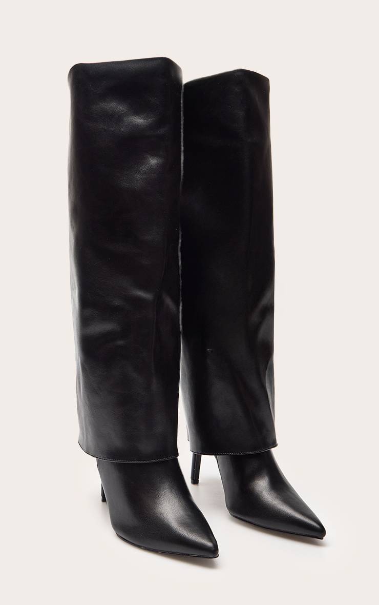 Noir Botte Haute À Talon En Synthétiquecuir Avec Revers