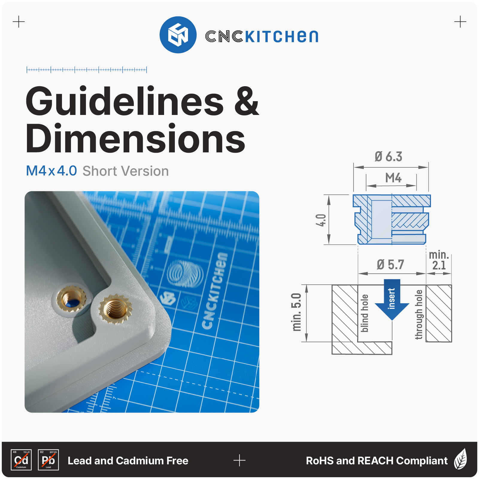 CNC Kitchen  Gewindeeinsatz M4 Kurz, M4x4,0 (50 Stk)    Präzisionsgefräste Inserts aus Messinglegierung