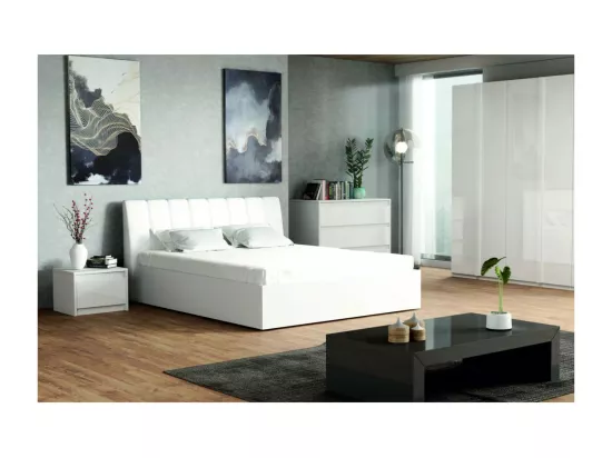 Ensemble chambre VERONA : Lit 160 cm, commode 3 tiroirs, tables de chevet, armoire 4 portes, blanc brillant