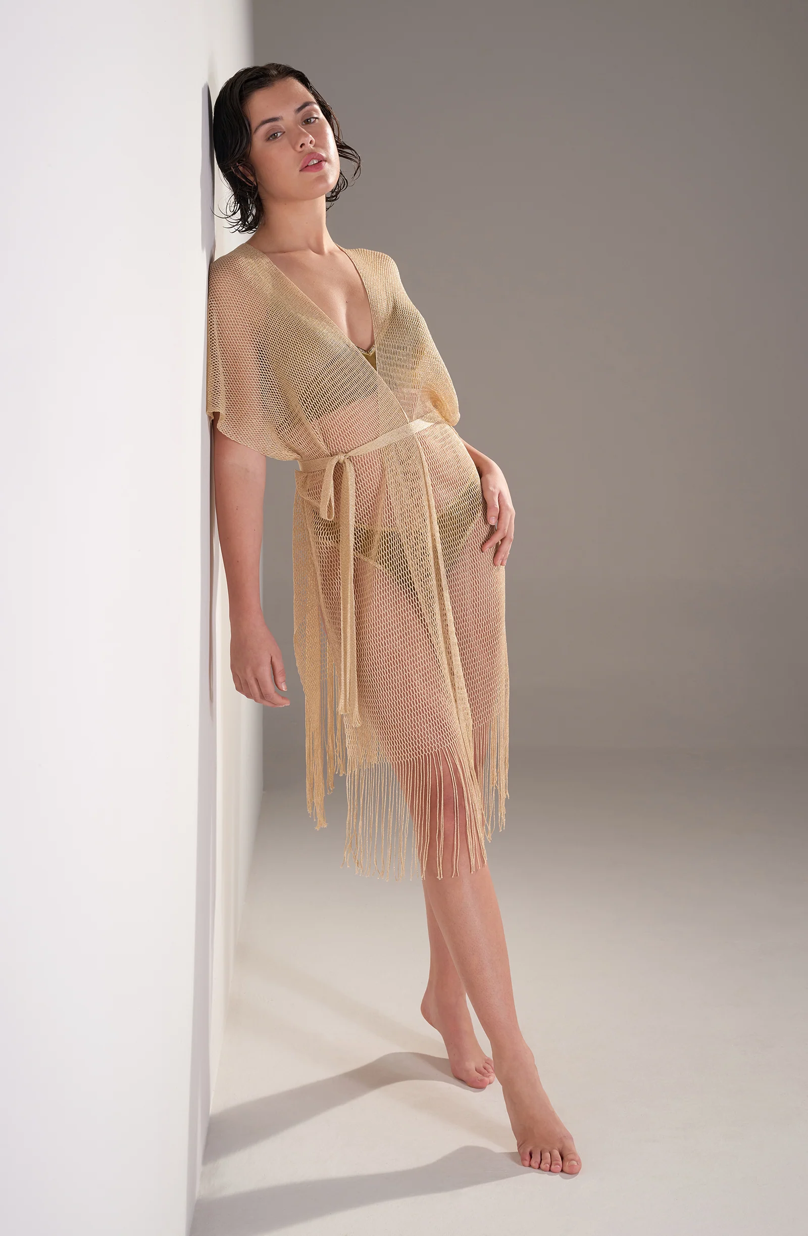 vita Veste kimono courte à franges jaune Doré