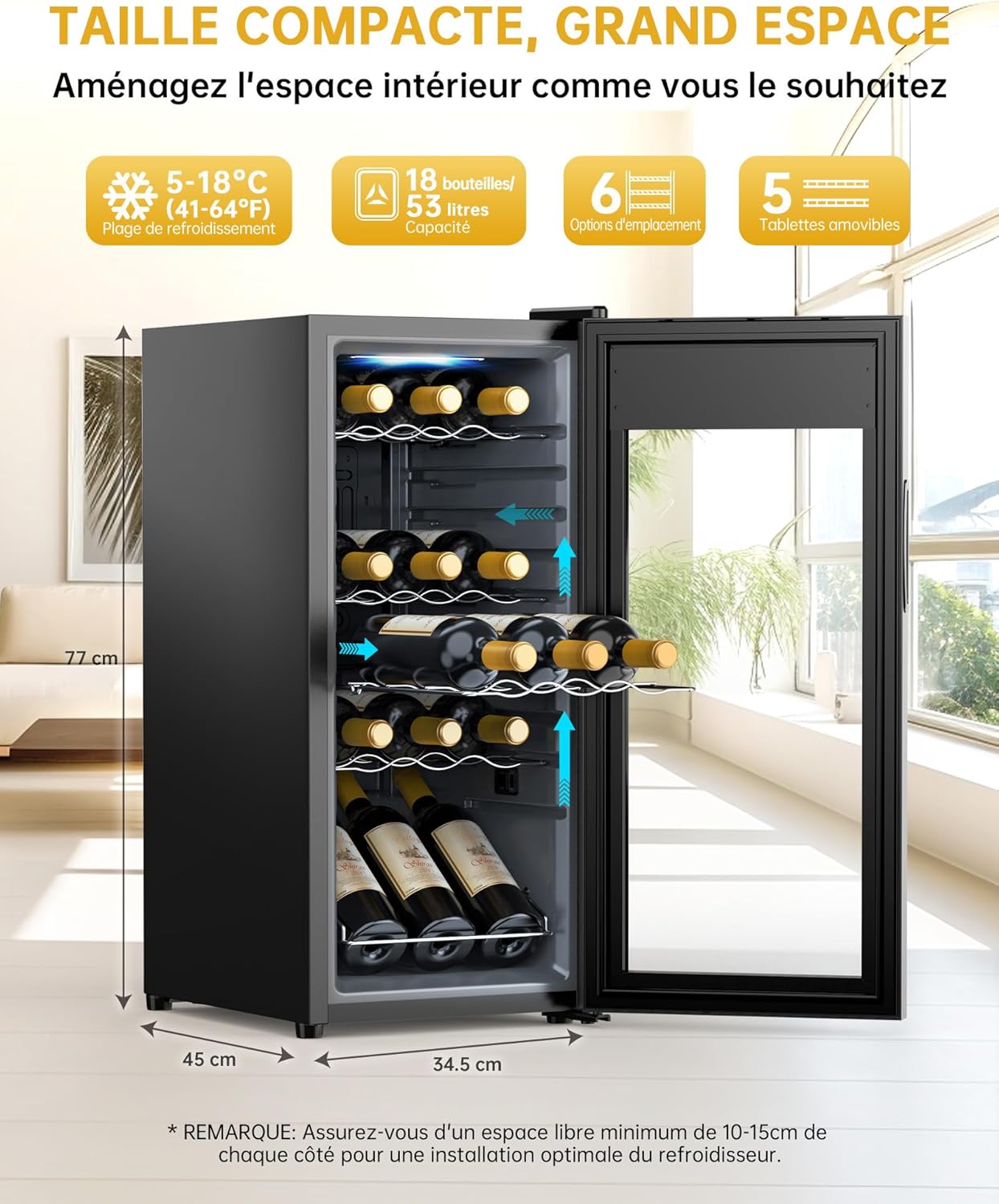 WIE Cave à Vin Réfrigérée 18 Bouteilles 53 Litres Réfrigérateur à Vin et Boisson Témpérature 5°C – 18°C Panneau Tactile