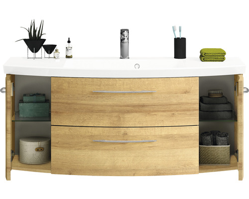 Cassca Sprint badkamermeubelset, BxD 121 x 46,2 cm, frontkleur Riviera Oak, 2-delige set met wastafel van mineraalmarmer
