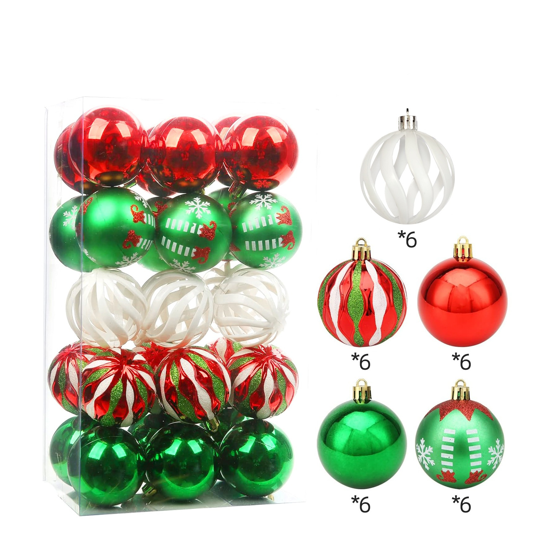 (30er Set) Ø6cm Christbaum Schmuck Glitzer Weihnachtskugeln Tannenbaum Aufhänger Home Deko mit Wichtelmotiv - Grün / Rot / Weiss