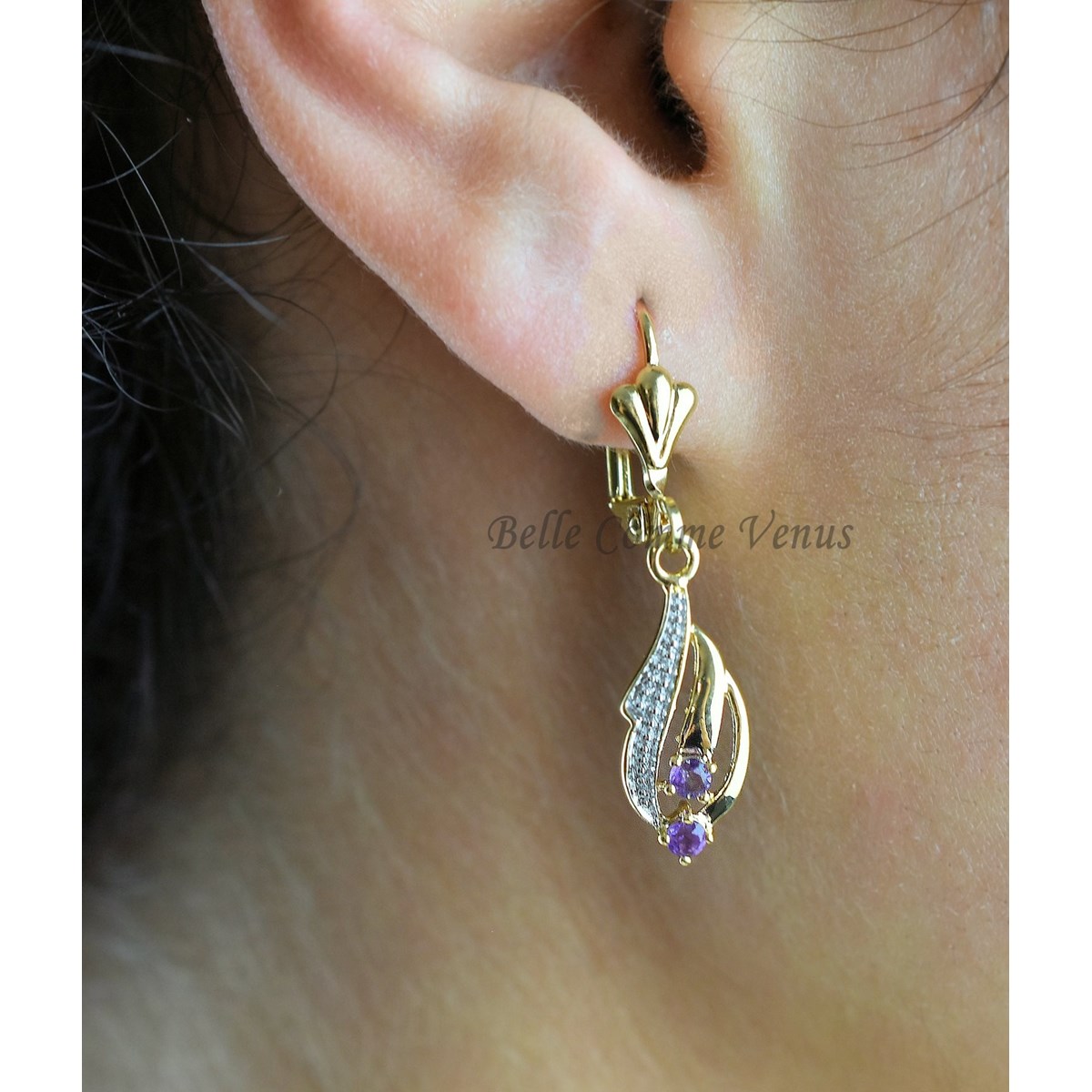 Boucles d'oreilles dormeuses Améthyste Plaqué OR 750 3 microns 2 tons