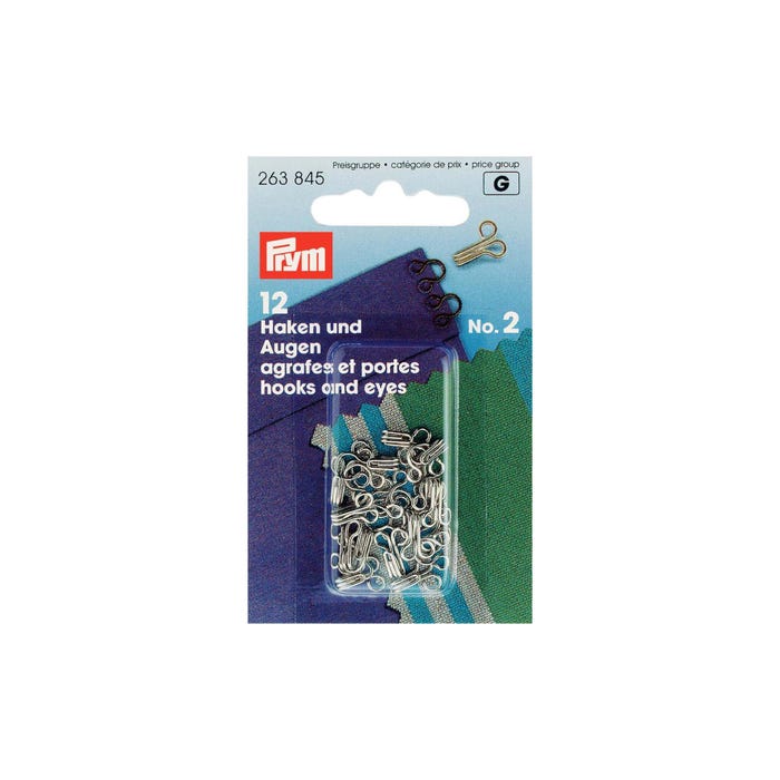 Prym-12 haken en ogen nr. 2 messing, zilverkleurig