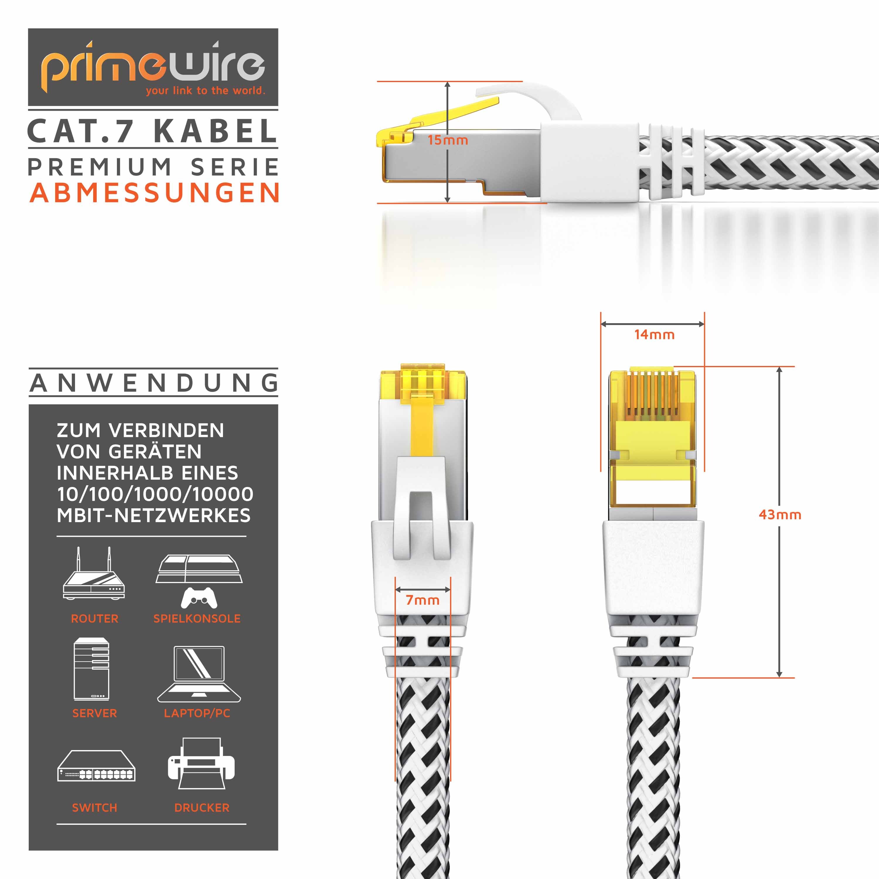 Primewire Patchkabel CAT 7 Rohkabel mit Baumwollummantelung- Gigabit Ethernet LAN Kabel - 10 Gbit/s - S/FTP PIMF Schirmung - Netzwerkkabel - 10m