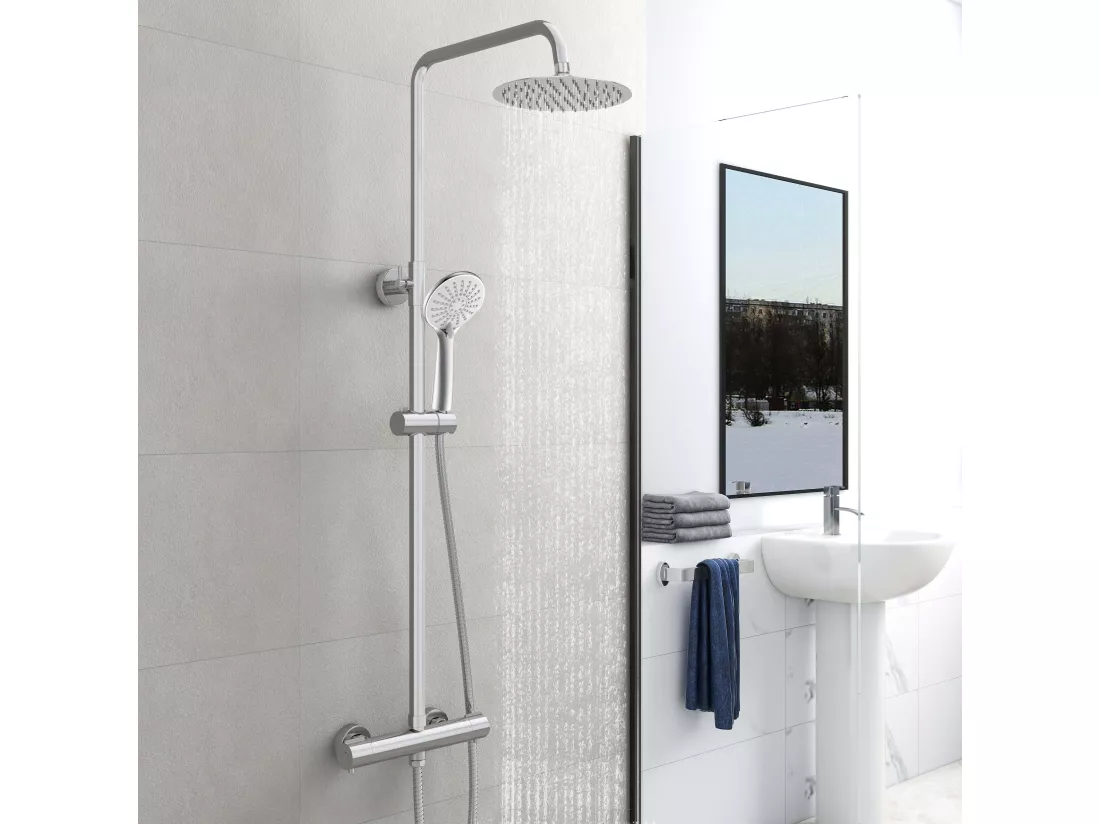 AICA Colonne de douche thermostatique chromée, avec douche de tête ronde et douchette à main réglable en plusieurs modes