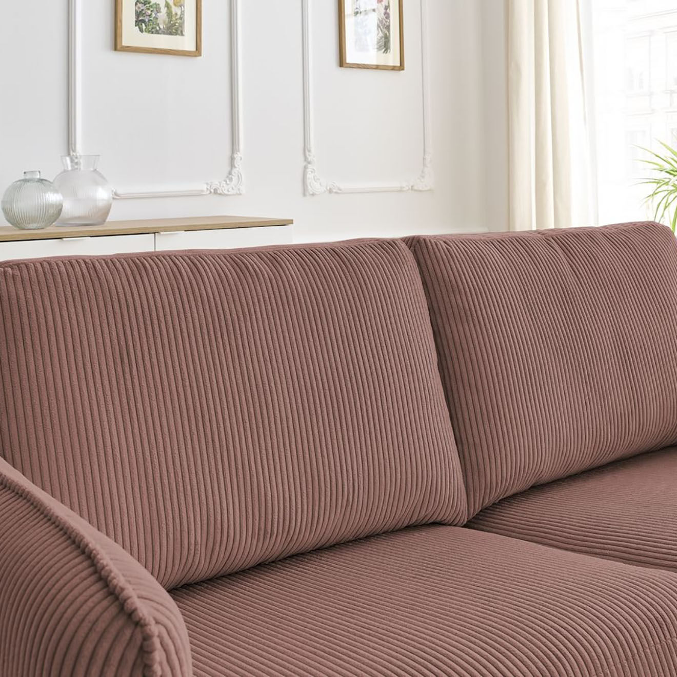 Bobochic Canapé droit convertible express en Velours côtelé 3 places Lenny rose - 178x102x89 cm
