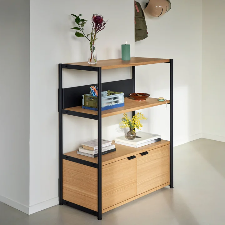 TipToe - Unit Regalsystem, H 180 x 84 cm, inkl. 1 Tür und 1 Schublade, Eiche / graphite black