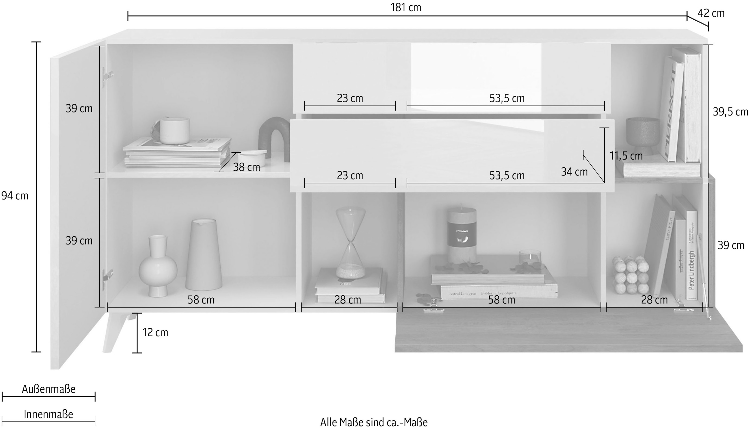 INOSIGN Sideboard »Monaco in Breite 181 cm, Anrichte mit Tür, Klappe und 2 Schubkästen« Stauraumschrank – sanftes Schliessen, edles Design, viel Platz