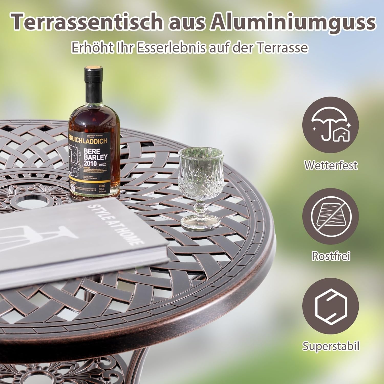 COSTWAY Gartentisch mit Schirmloch und unterer Ablage, runder Balkontisch aus Aluminiumguss, wetterfester Terrassentisch für Garten, Balkon, Terrasse, 79 x 79 x 71 cm