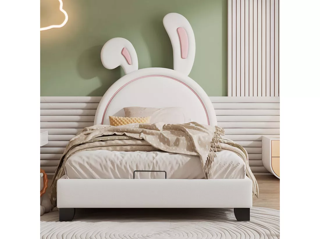 Lit enfant en similicuir 90x200cm - tête en forme d'oreilles de lapin - Blanc