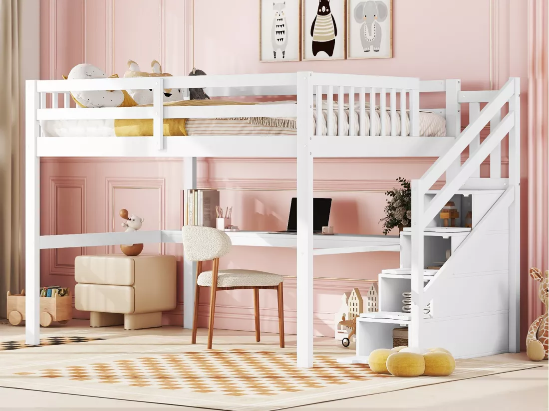 Lit mezzanine enfant 140 x 200 cm avec 4 tiroirs de rangement et bureau, Bois en pin, Blanc