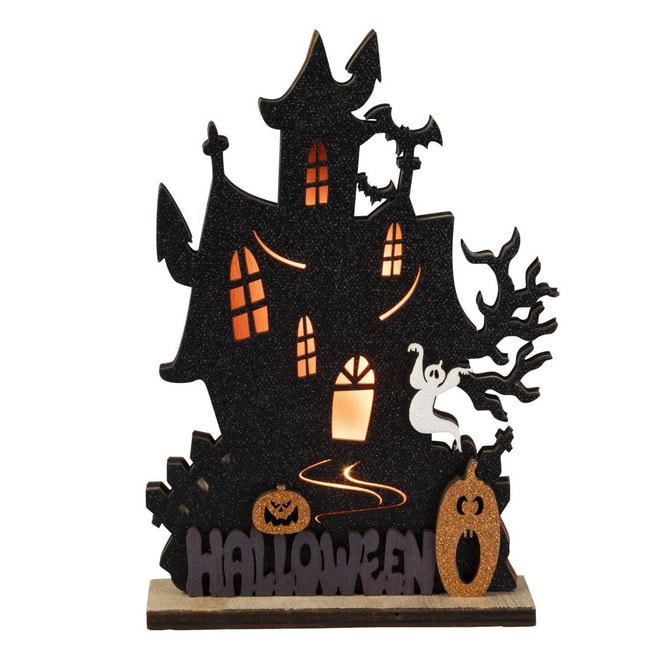 Standdeko - Spukhaus Halloween mit LED - aus Holz - ca. 14 x 4 x 23 cm