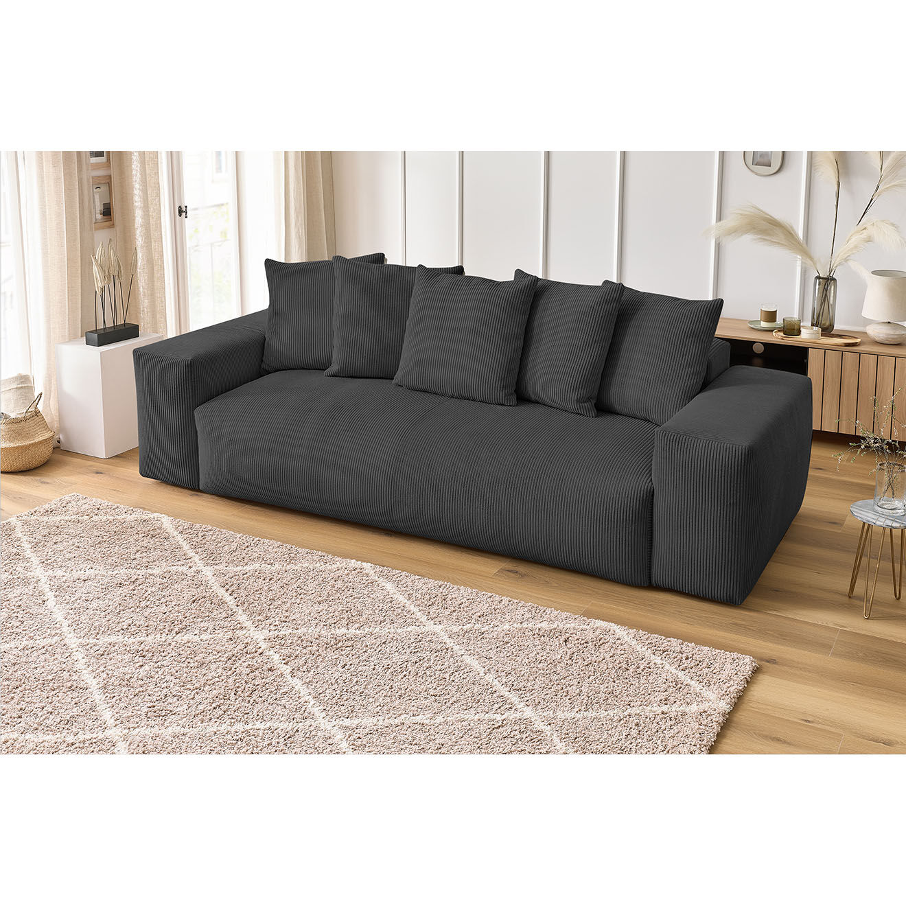 Bobochic Canapé droit fixe 3 places ultra moelleux voltaire velours côtelé gris foncé - 280x124x75 cm