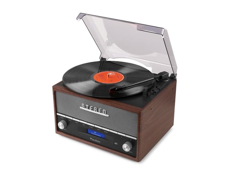 Audizio Plattenspieler mit Bluetooth Frisco Braun/Grau Plattenspieler mit Radio und Stereo-Lautsprechersystem