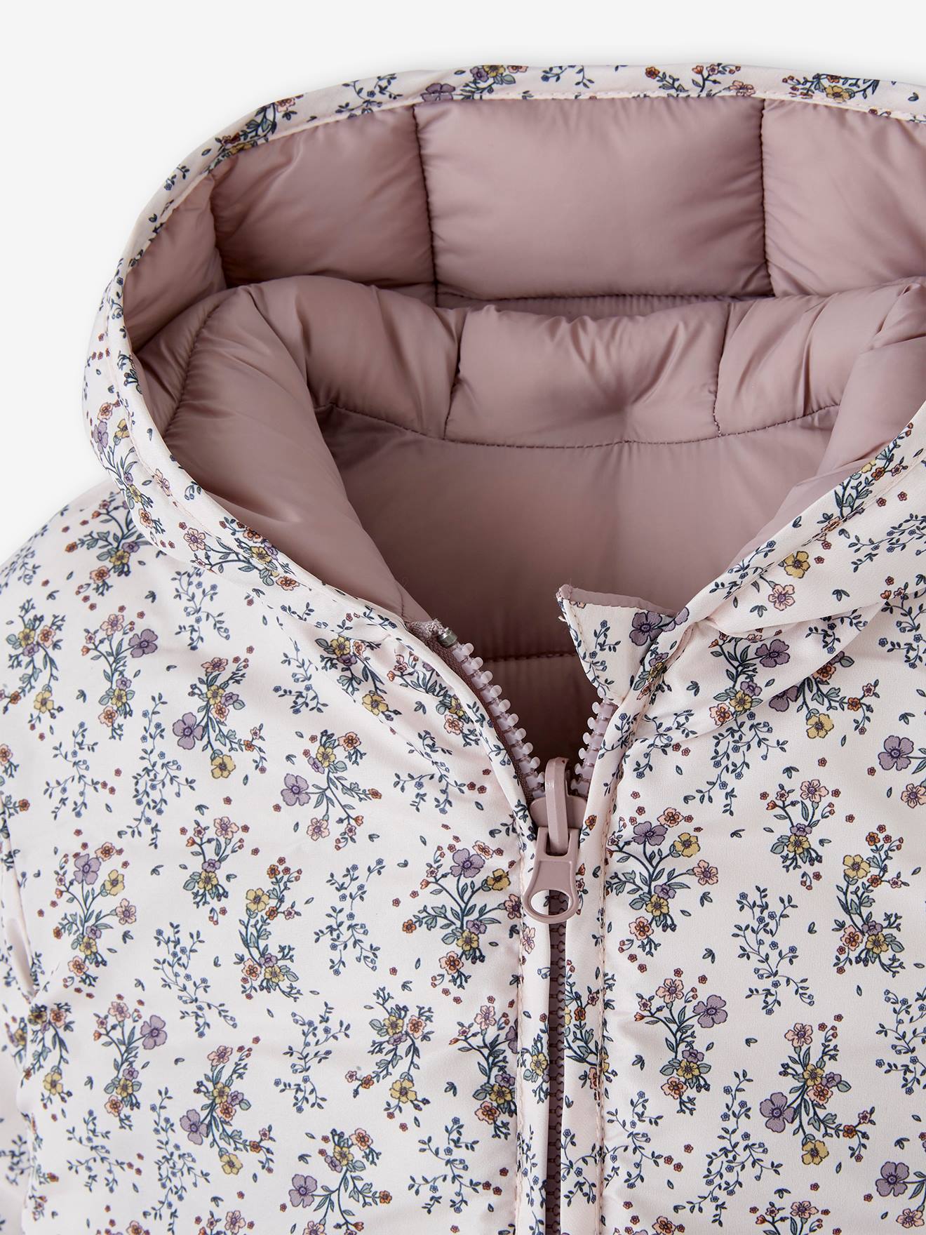 Casaco reversível acolchoado para bebê, roxo médio, liso com estampas.