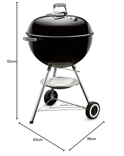 Weber Classic Kettle barbecue au charbon de bois, surface de cuisson Ø 57cm, barbecue avec couvercle et cuve en acier emaillé, thermomètre intégré au couvercle, trépied et roues – Noir (1341504)