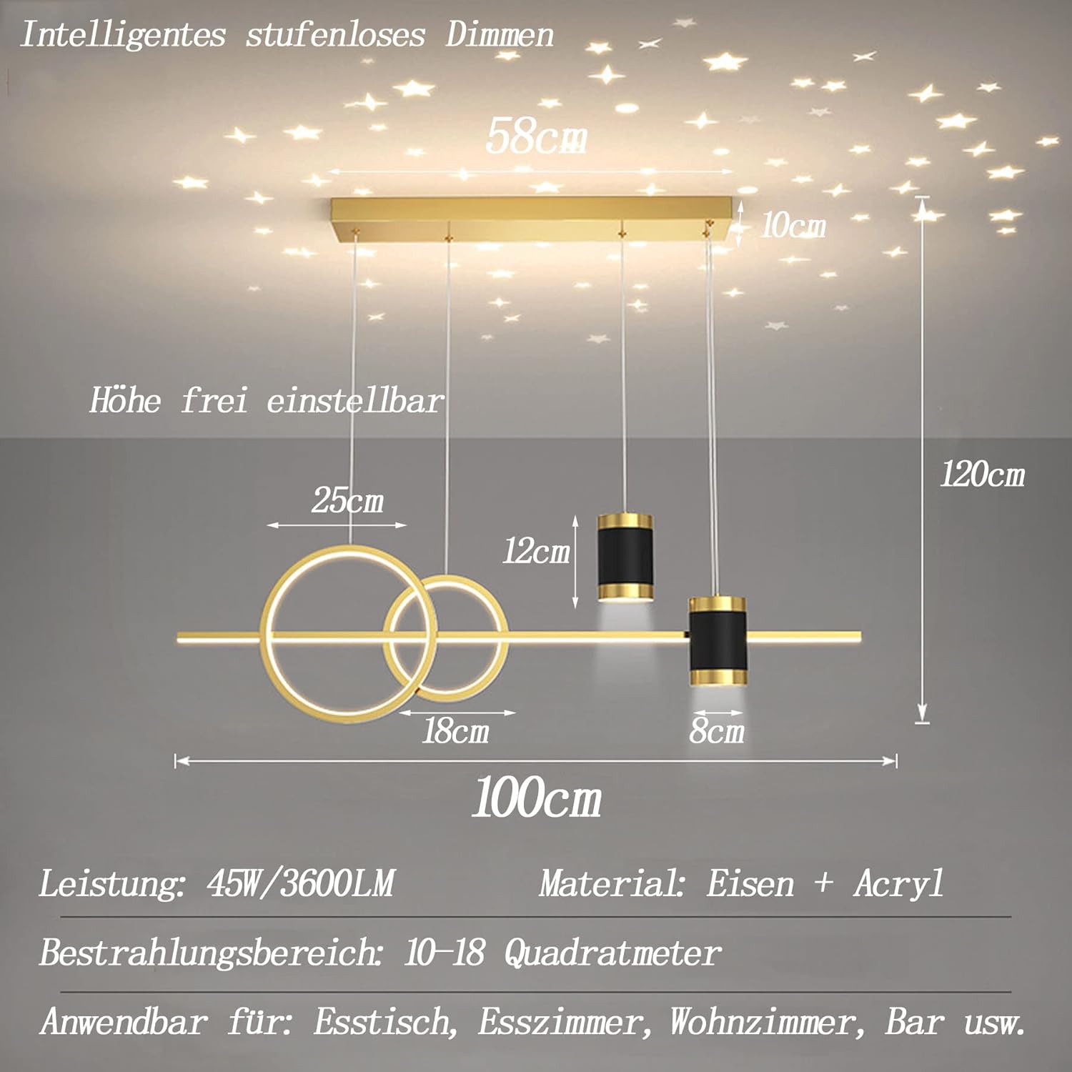 LED Dimmbar Pendelleuchte Modern 45W Neu Entwurf sternenklarer Himmel Hängelampe mit Fernbedienung Pendellampe höhenverstellbar kreativ Hängeleuchte lampe für Esstisch Esszimmer Wohnzimmer (Gold)