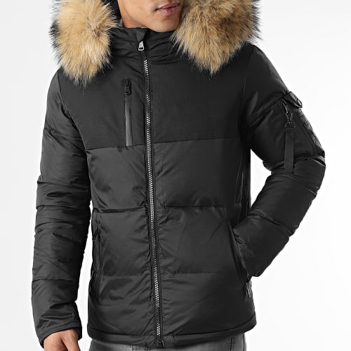 Doudoune Capuche Tech Puffer Avec Fourrure Beige 0018 Noir