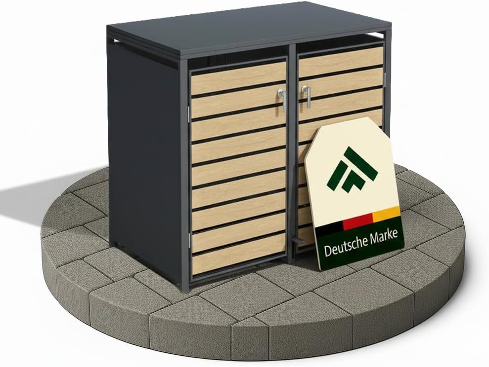 Mülltonnenbox Metall Anthrazit für 2×240L - Premium Mülltonnenverkleidung mit Fußpedal, pulverbeschichtet, Holzoptik-Front – W132×D80×H116 cm