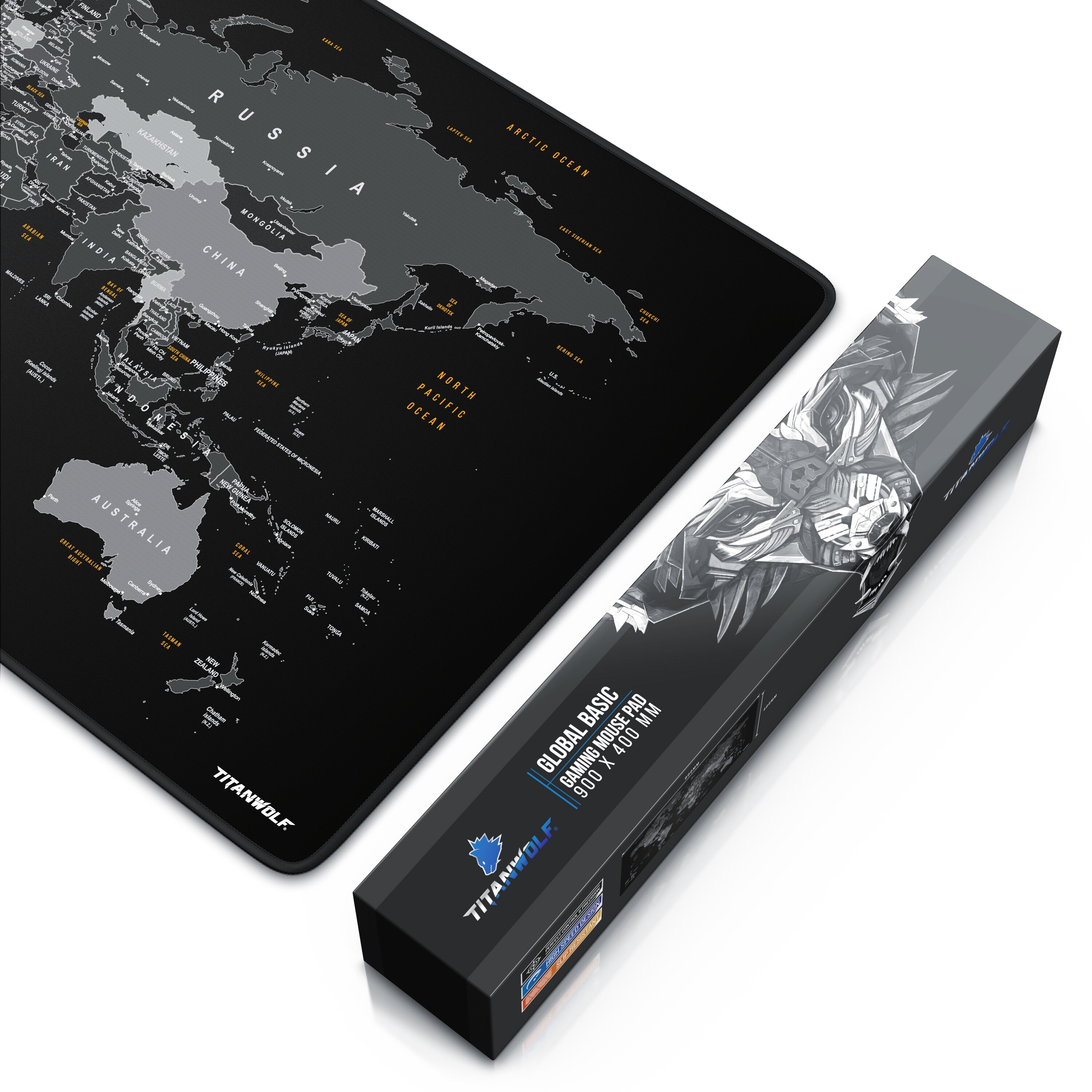 Titanwolf Gaming Mauspad XXL, glattes Stoffgewebe, Speed Mousepad 900 x 400mm große Fläche, Weltkarte Global
