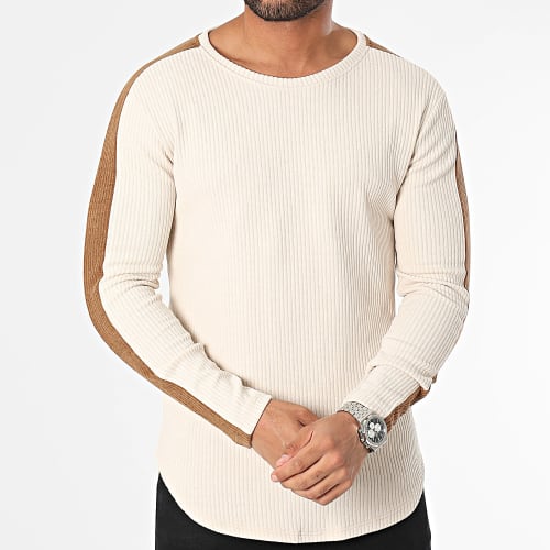 Sweat Crewneck A Bandes Beige Marron