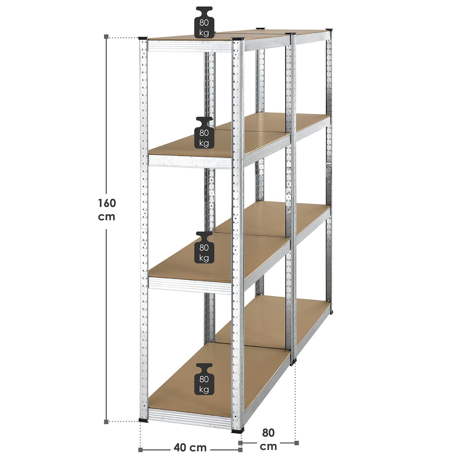 Juskys Lagerregal Easy 2er Set – Metall Schwerlastregal 160x80x40 cm, 8 Böden, 640 kg, verzinkt