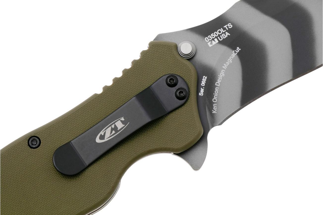 Zero Tolerance 0350OLTS Tiger Stripe MagnaCut, OD Green G10, Limited Edition zakmes, Ken Onion design