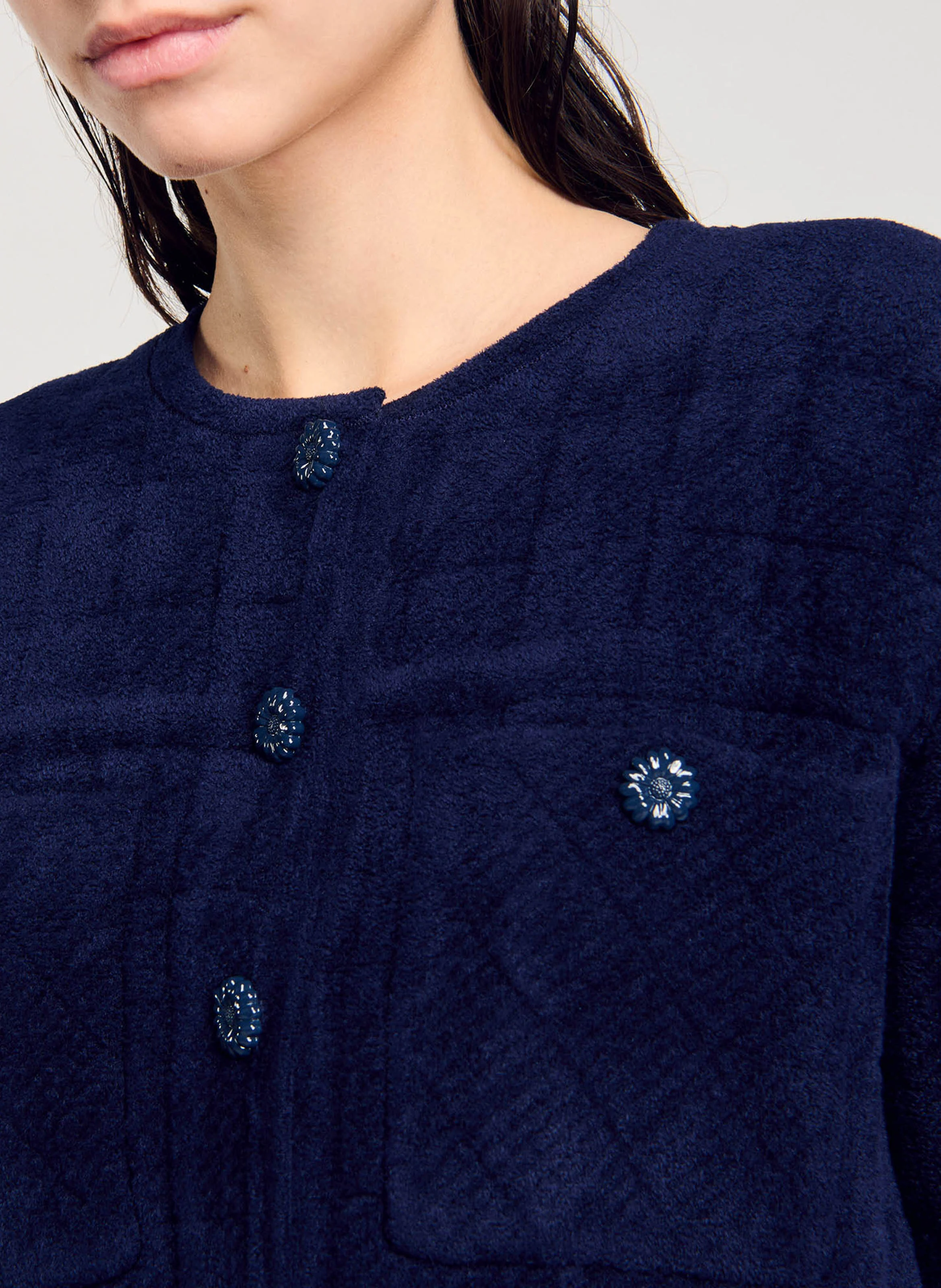 Veste col rond droite en maille | Bleu