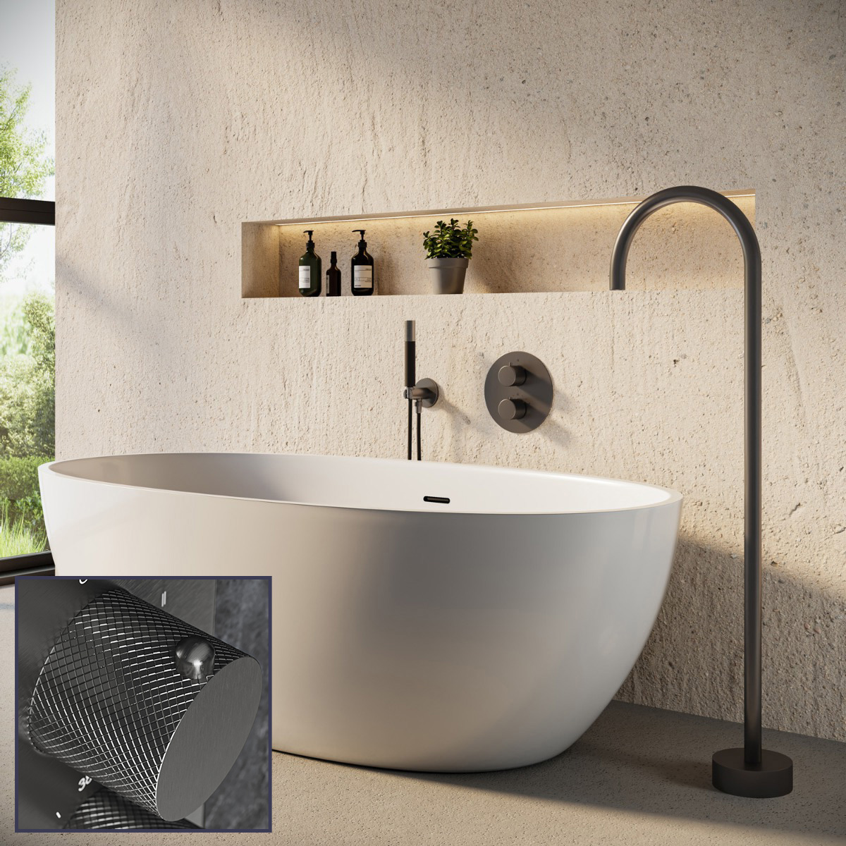 Saniclear Iron Curved Pro inbouw badkraan rond met vrijstaande uitloop verouderd ijzer - gunmetal