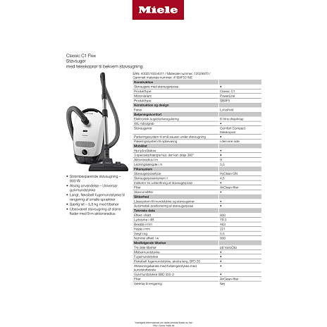 Miele classic C1 Flex PowerLine 800 W - LotusHvid