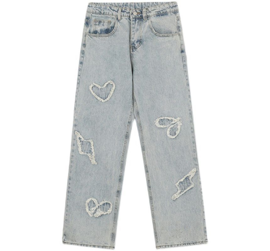 GRAYCIOUS - Mid Rise Washed Heart Embroidered Wide Leg Jeans