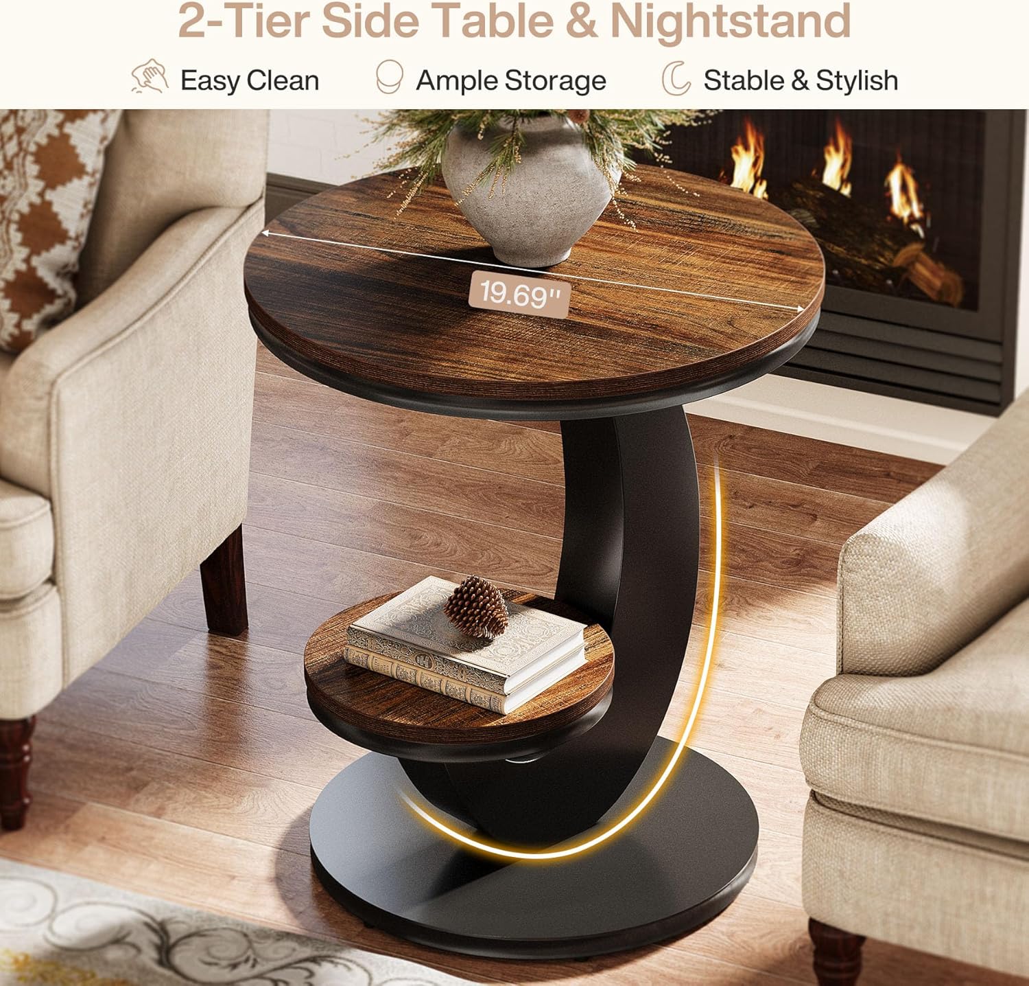 Tribesigns Beistelltisch rund, 2-Tier Schmal Couchtisch, Sofatisch Nachttisch mit Holz-Metall-Bogengestell, Industrie-Design für kleine Räume, Wohnzimmer, Schlafzimmer, Braun (1 Stück)