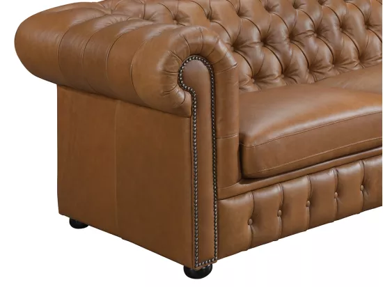 Canapé d'angle droit chesterfield BRENTON 100% cuir de buffle premium - Caramel vintage