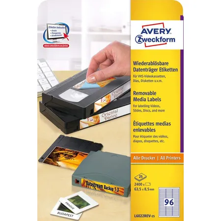 Avery Zweckform L6022REV-25 Etiketten für Data Cartridge,A4 63,5 x 8,5 mm, 25 Bogen/2.400 Etiketten, weiß