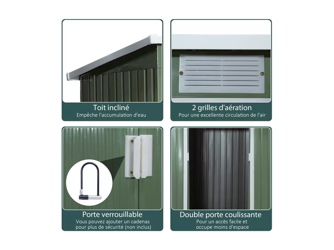 Abri de jardin - remise pour outils - fondation incluse - cabanon 2 portes coulissantes verrouillables - dim. 213L x 130l x 173H cm - tôle d'acier vert