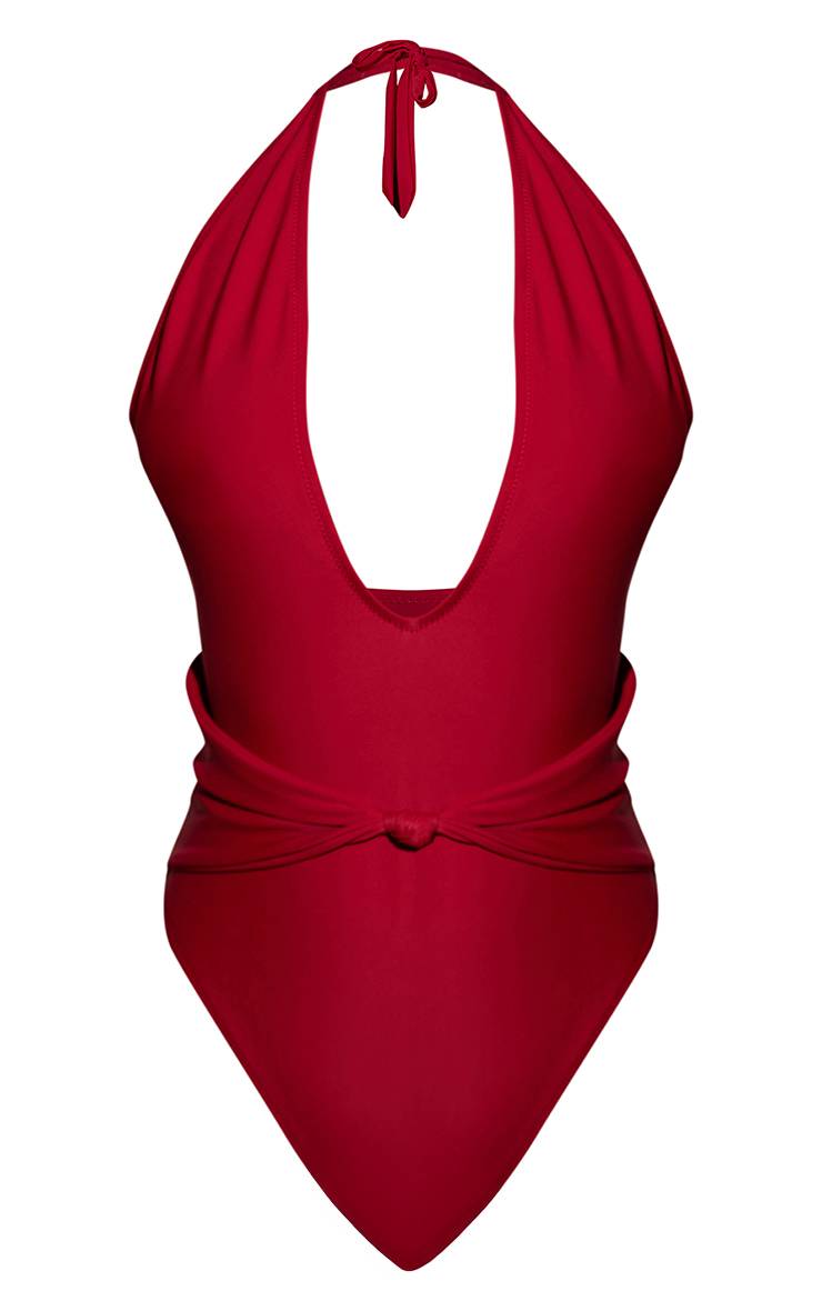 Rouge Bordeaux Maillot De Bain À Rayures Avec Décolleté Plongeant Et Nœud Devant