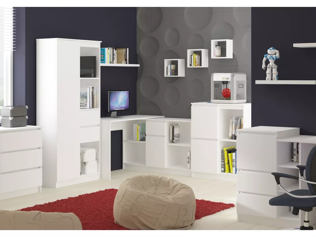 Ensemble d'angle AKORD bureau B17 avec commode Blanc 120 cm 1 porte 1 tiroir façade Blanche 6 étagères 120x126x79 cm