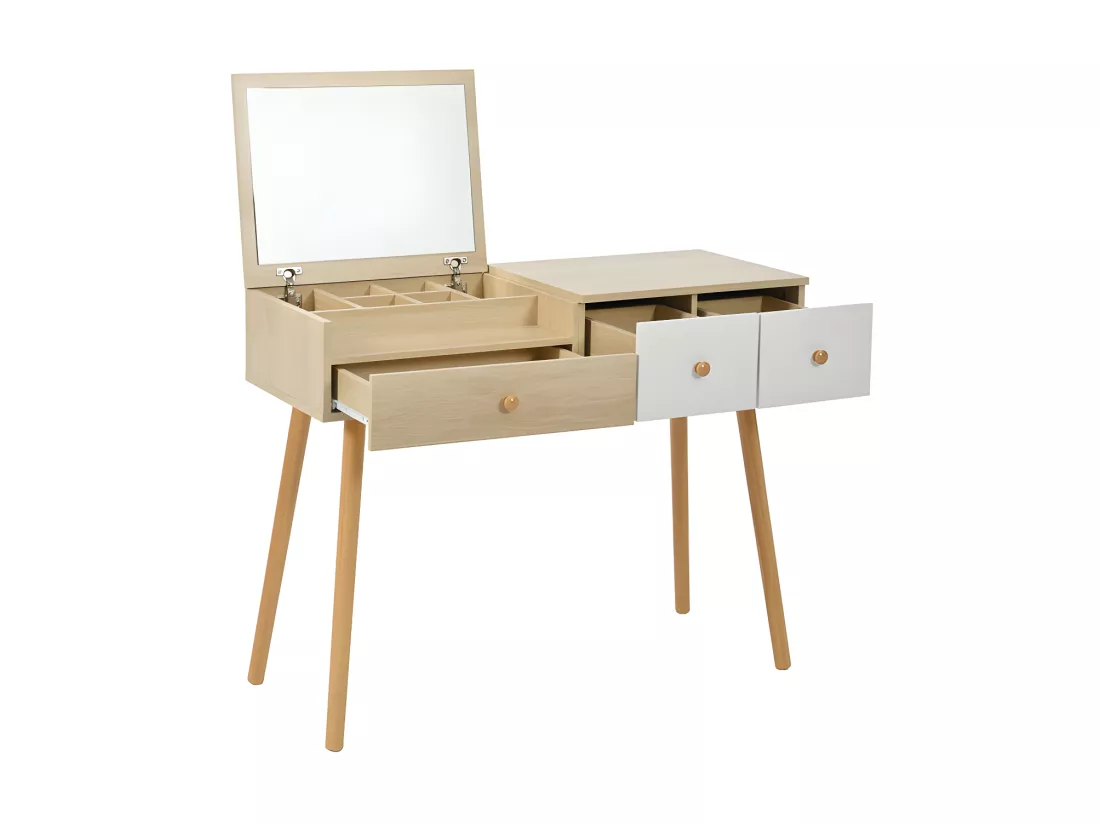Coiffeuse avec miroir de rangement, 3 tiroirs, multiples compartiments de rangement, grande capacité de rangement - Naturel (tabouret non inclus)