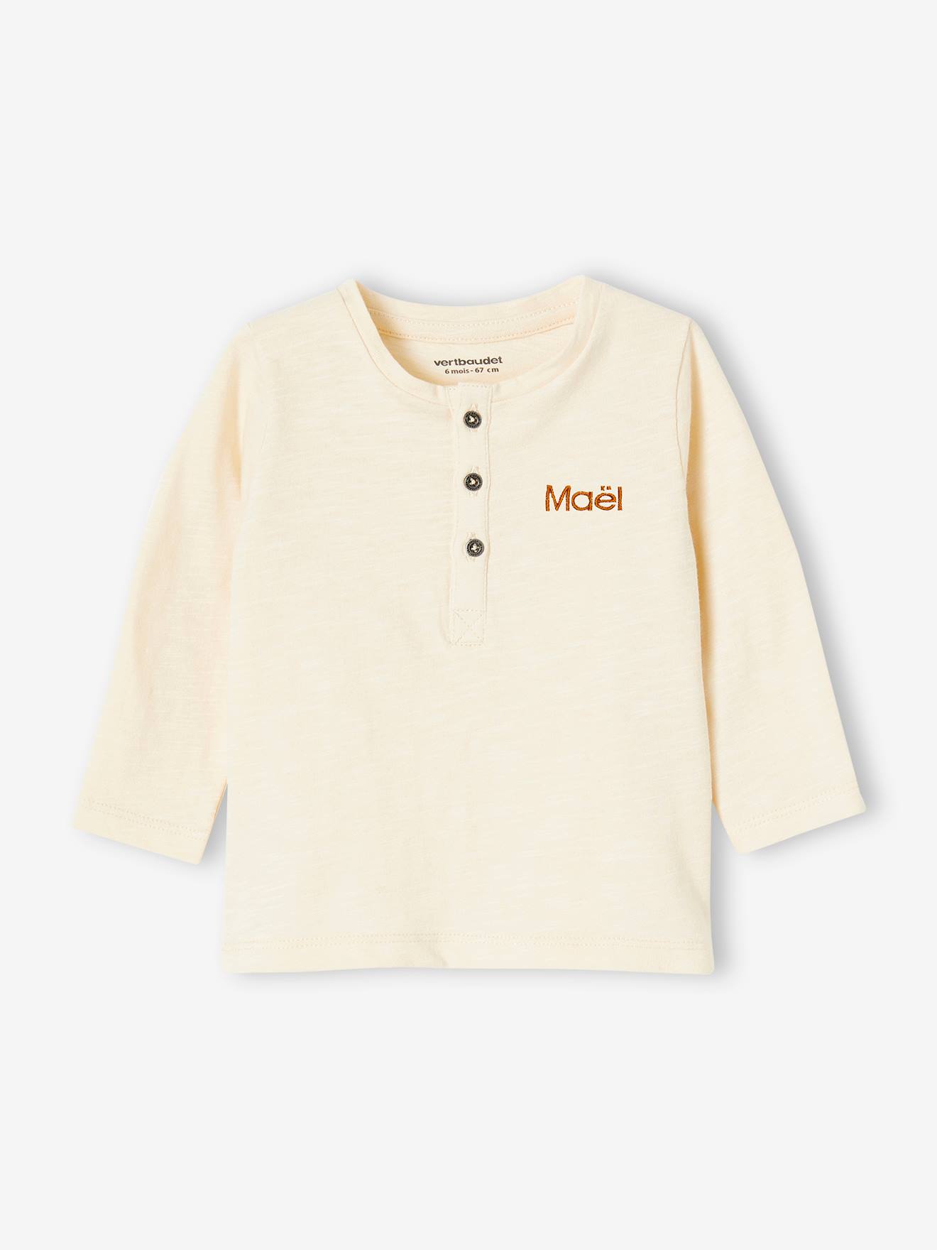 Camiseta personalizável para bebê menino, com gola tunisiana e mangas compridas, lisa, bege claro.