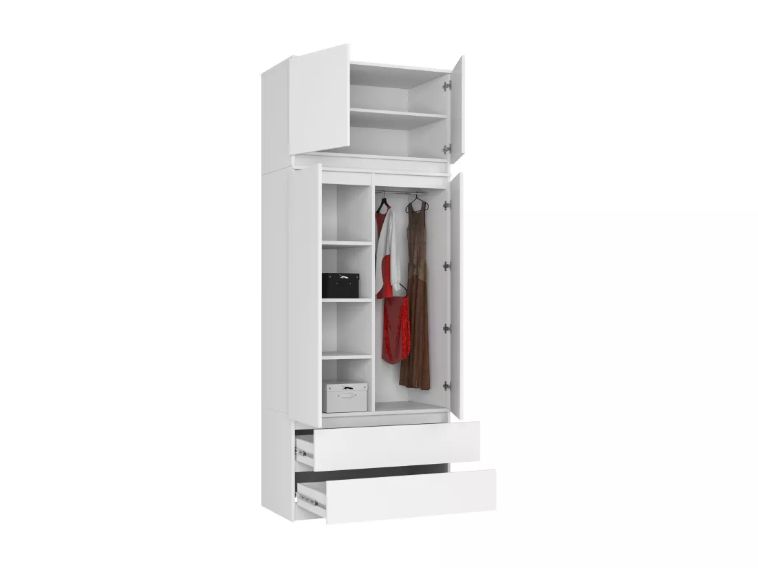 Armoire avec surmeuble AKORD S90 Blanche 90 cm 2 portes 2 tiroirs façade Blanche 6 étagères 90x51x234 cm