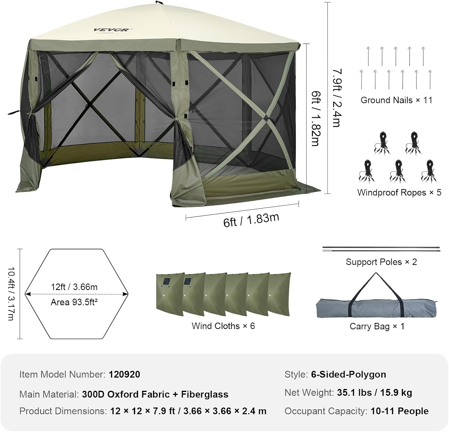 VEVOR Pavillonzelt, Gartenzelt mit 6-seitigem Baldachin, Sonnenschutz mit 6 abnehmbaren Sichtschutz-Windtüchern und Netzfenstern, 3,66 x 3,66 m, Pop up Zelt mit Moskitonetz, Grün