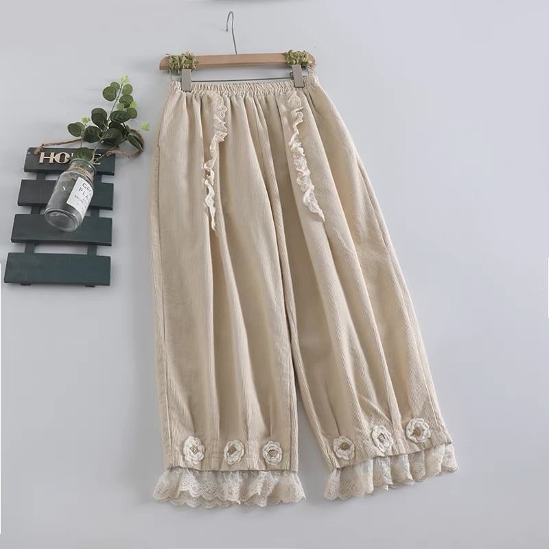 Santeh - Corduroy broek met elastische taille, bloemendetail, ruches en wijde pijpen