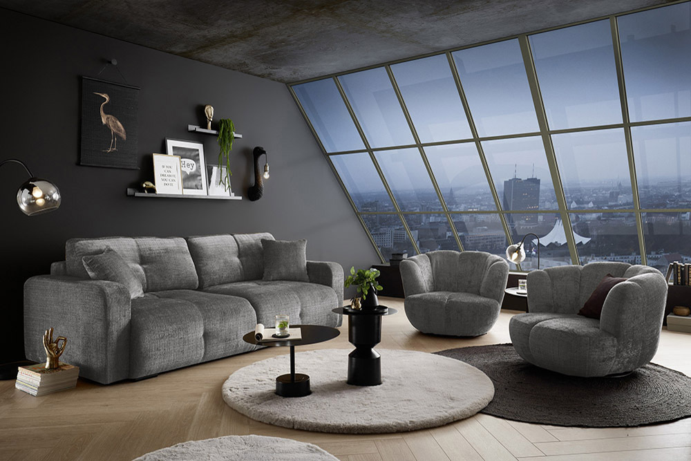 Modernes Schlafsofa DIAMOND 235cm silbergrau Chenille Cremona mit Stauraum 3-Sitzer