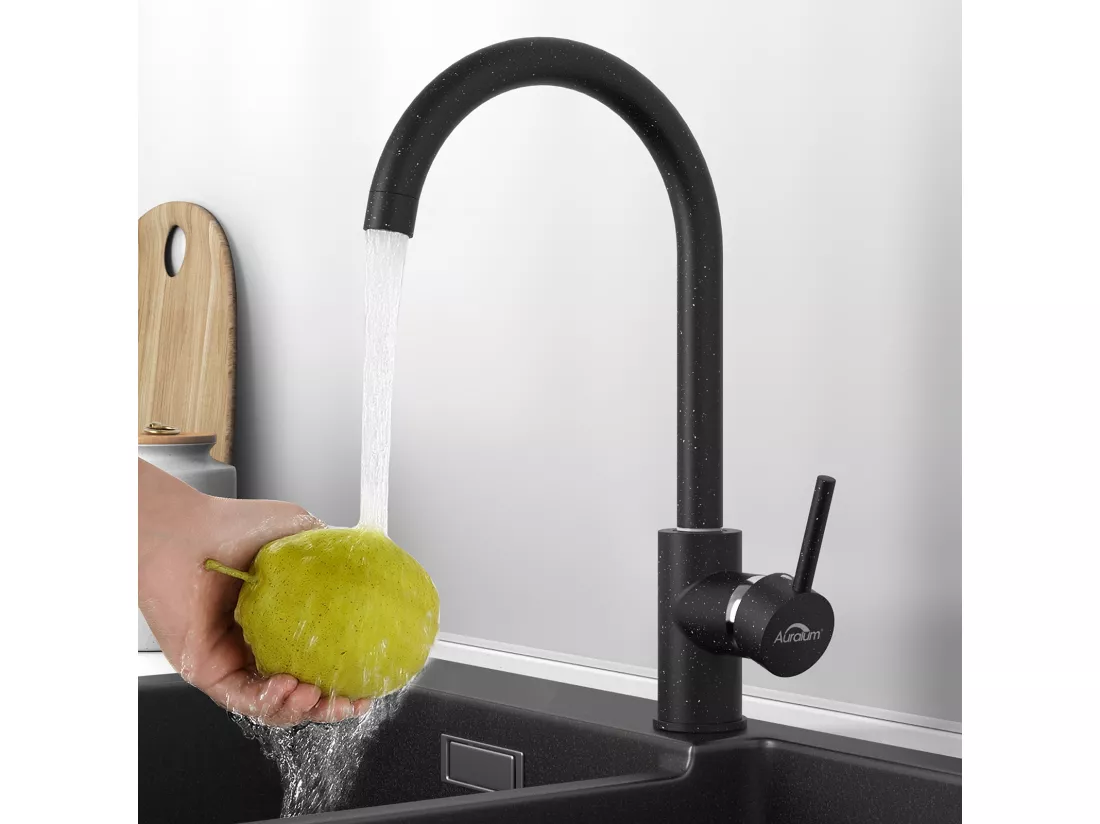 Robinet Cuisine Bec Haut Mitigeur Evier Rotatif 360° Mitigeur Cuisine à Eau Froide/Chaude,en Laiton,avec Aérateur Démontable,Noir Graphite,EU Modèle